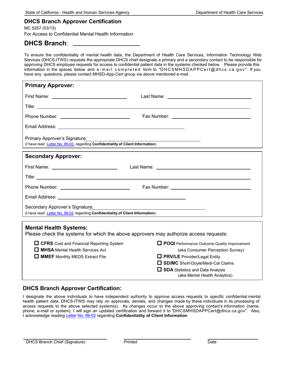 Form MC5257 Dhcs Branch Approver Certification for Access to Confidential Mental Health Information - California, Page 1