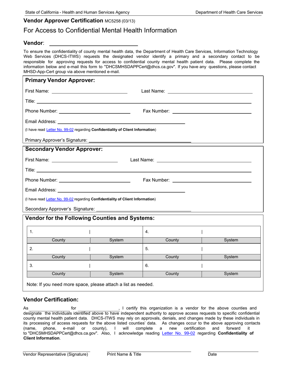 Form MC5258 Vendor Approver Certification for Access to Confidential Mental Health Information - California, Page 1