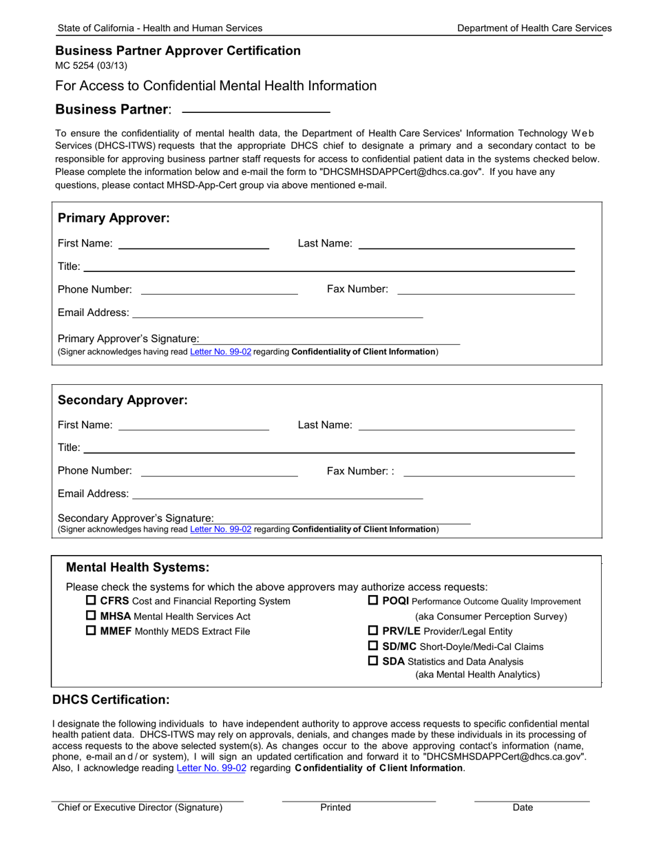 Form MC5254 Business Partner Approver Certification for Access to Confidential Mental Health Information - California, Page 1