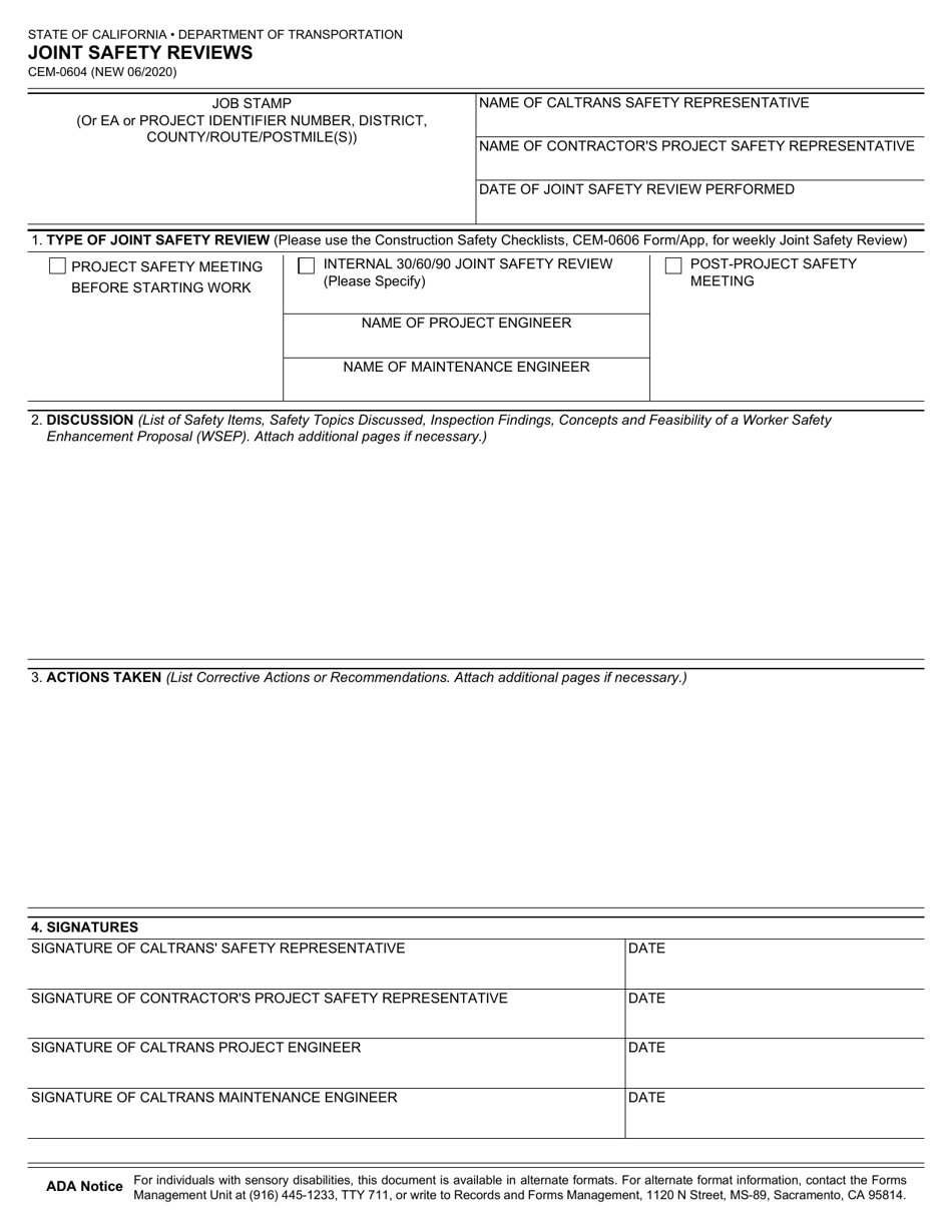Form CEM-0604 Joint Safety Reviews - California, Page 1
