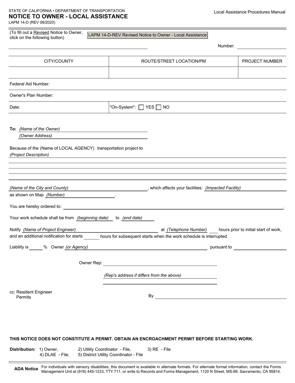 Form LAPM14-D Notice to Owner - Local Assistance - California, Page 1