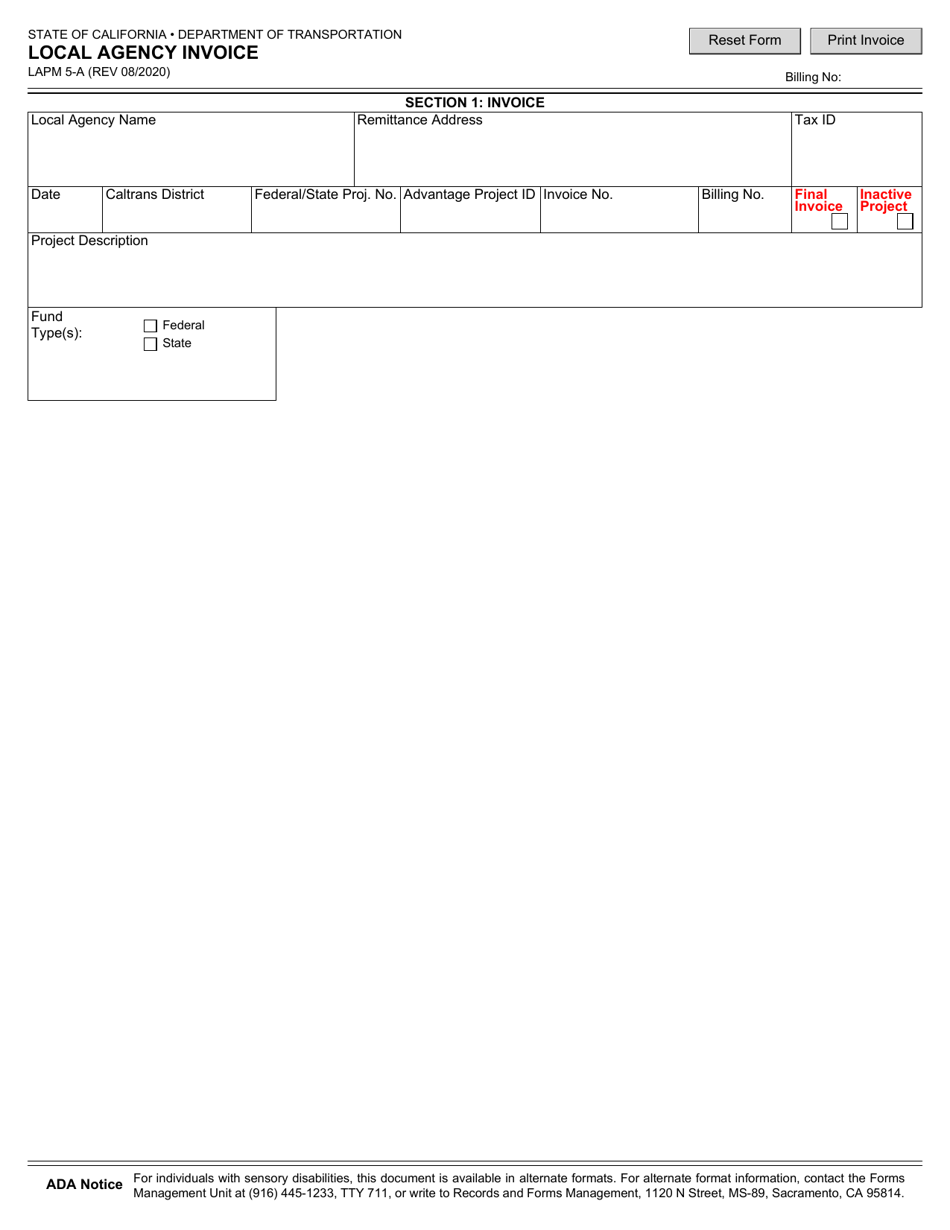 Form LAPM5-A Local Agency Invoice - California, Page 1