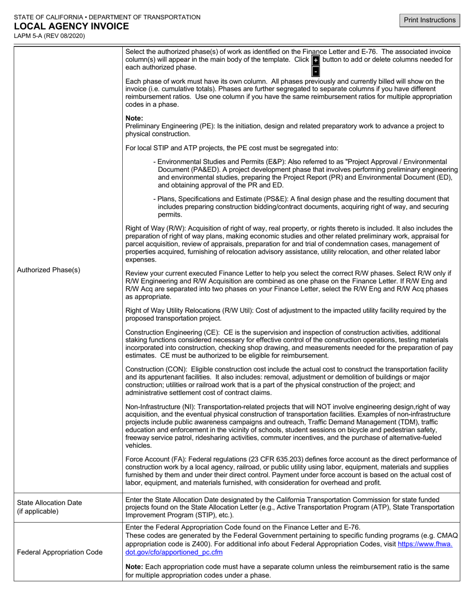 Form LAPM5-A Local Agency Invoice - California, Page 6