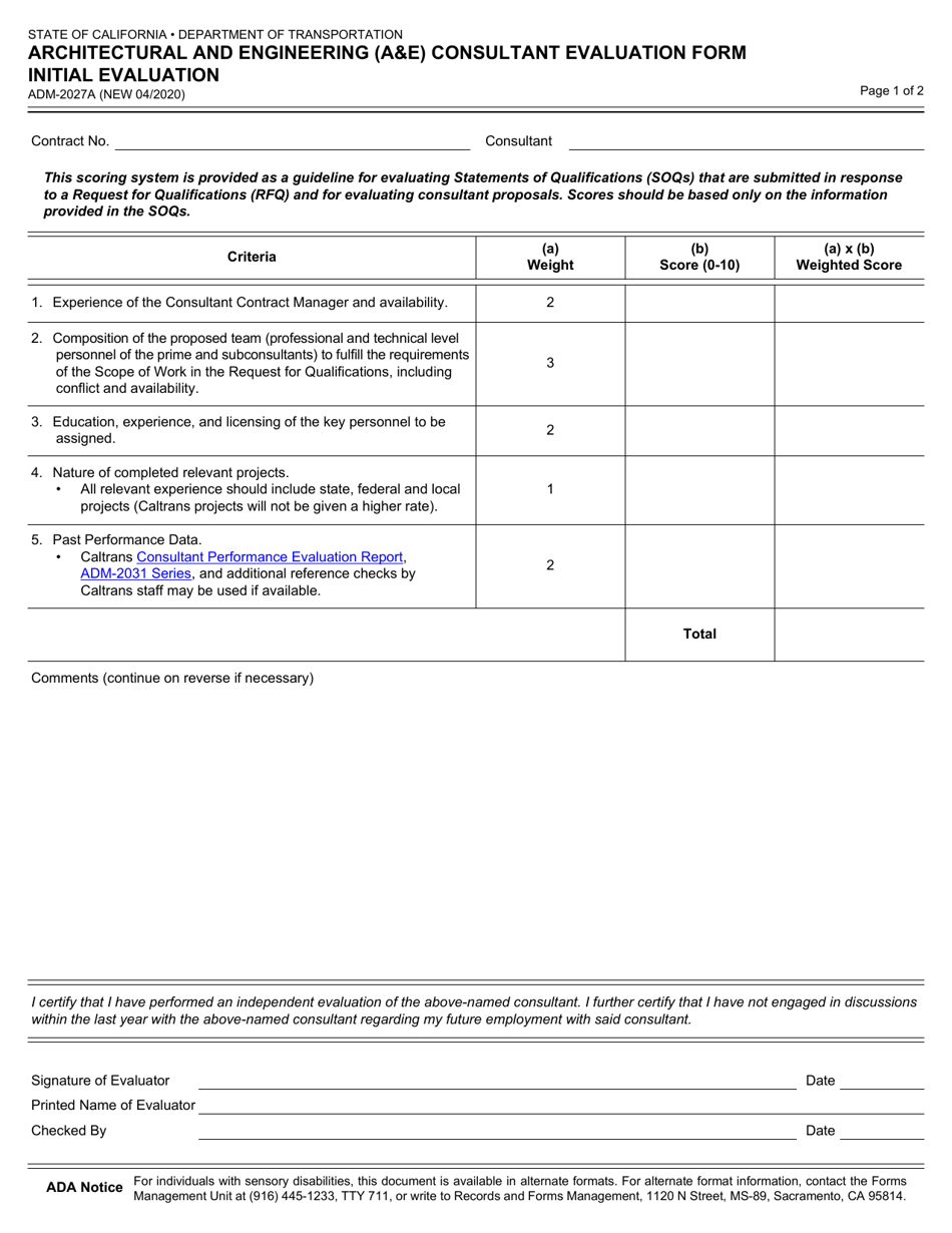 Form ADM-2027A Architectural and Engineering (Ae) Consultant Evaluation Form Initial Evaluation - California, Page 1