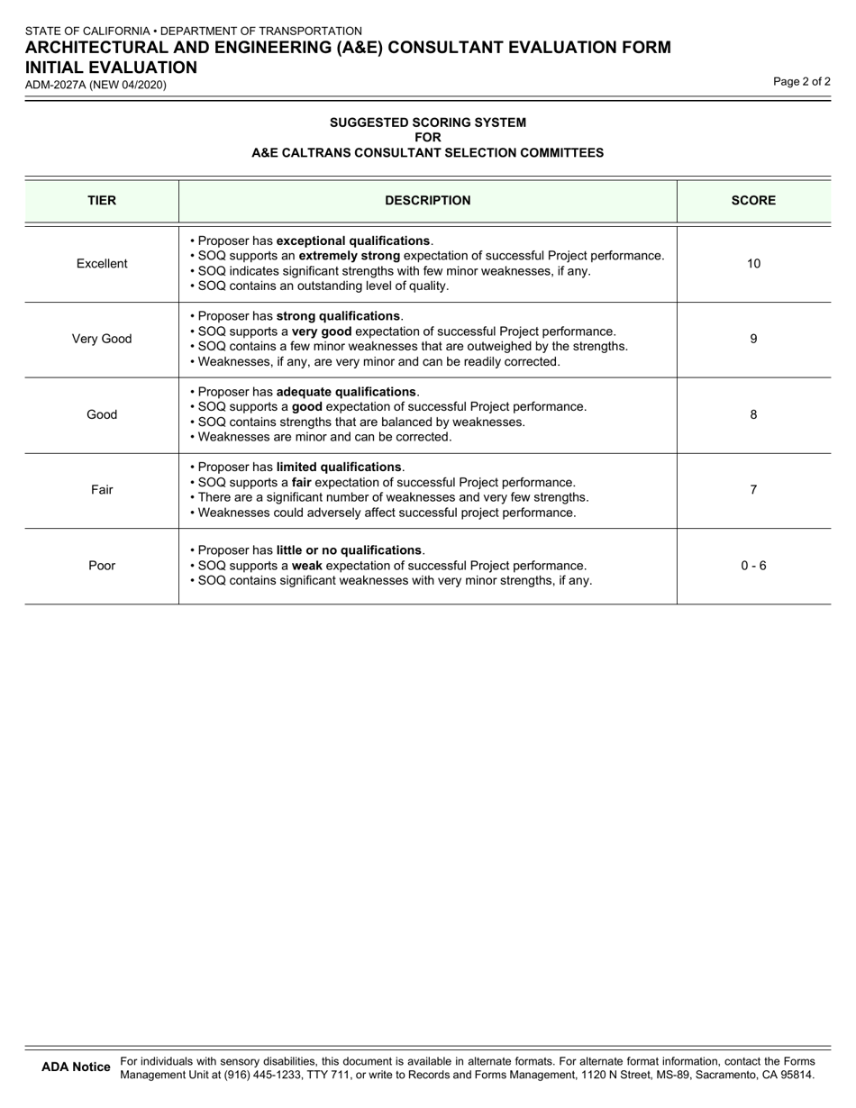 Form ADM-2027A Architectural and Engineering (Ae) Consultant Evaluation Form Initial Evaluation - California, Page 2