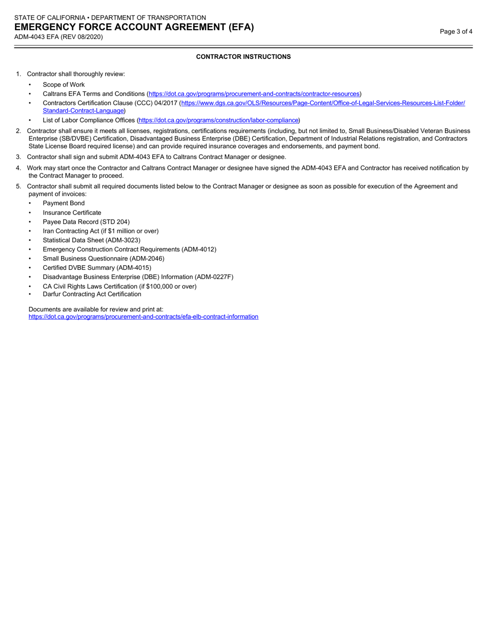 Form ADM-4043 EFA Emergency Force Account Agreement (Efa) - California, Page 3