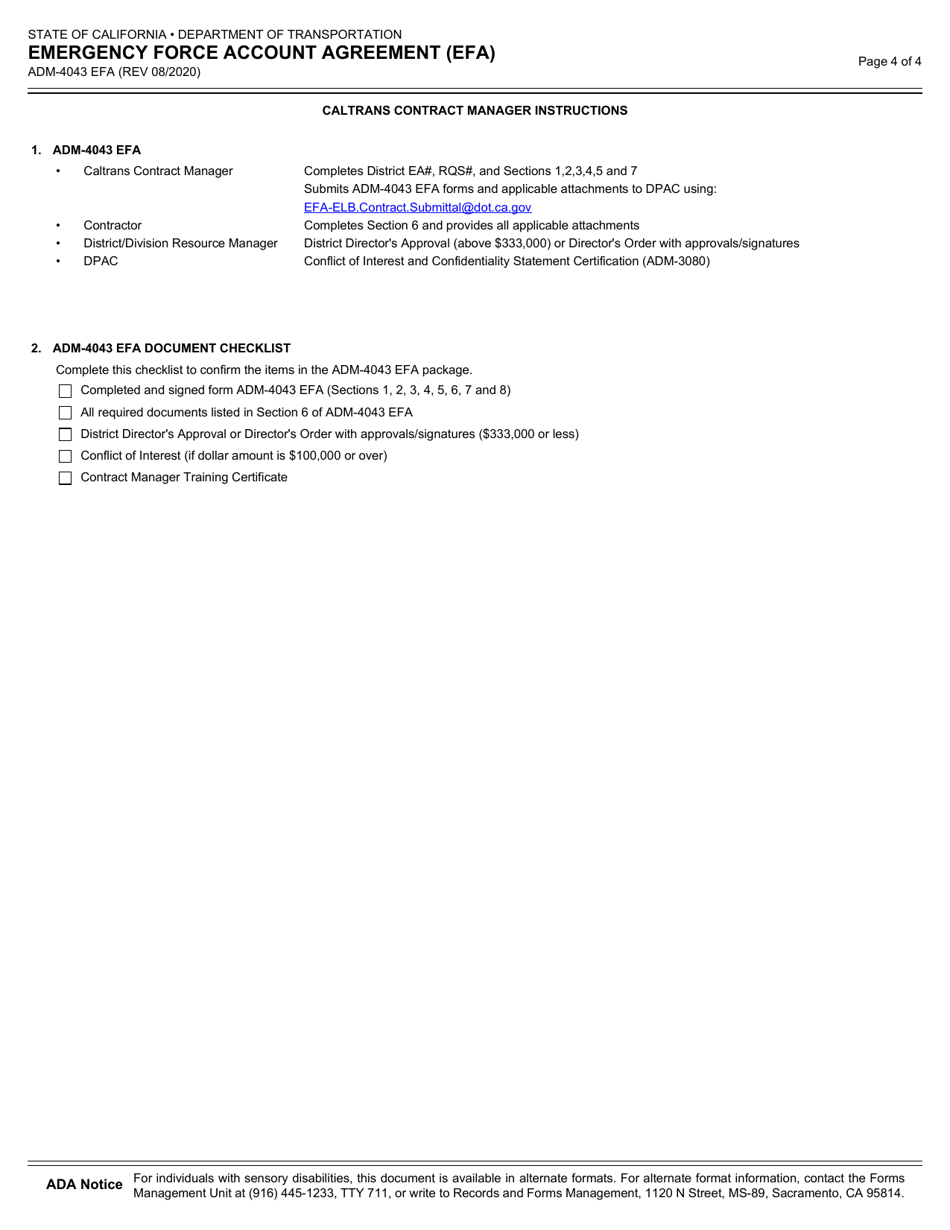 Form ADM-4043 EFA Emergency Force Account Agreement (Efa) - California, Page 4