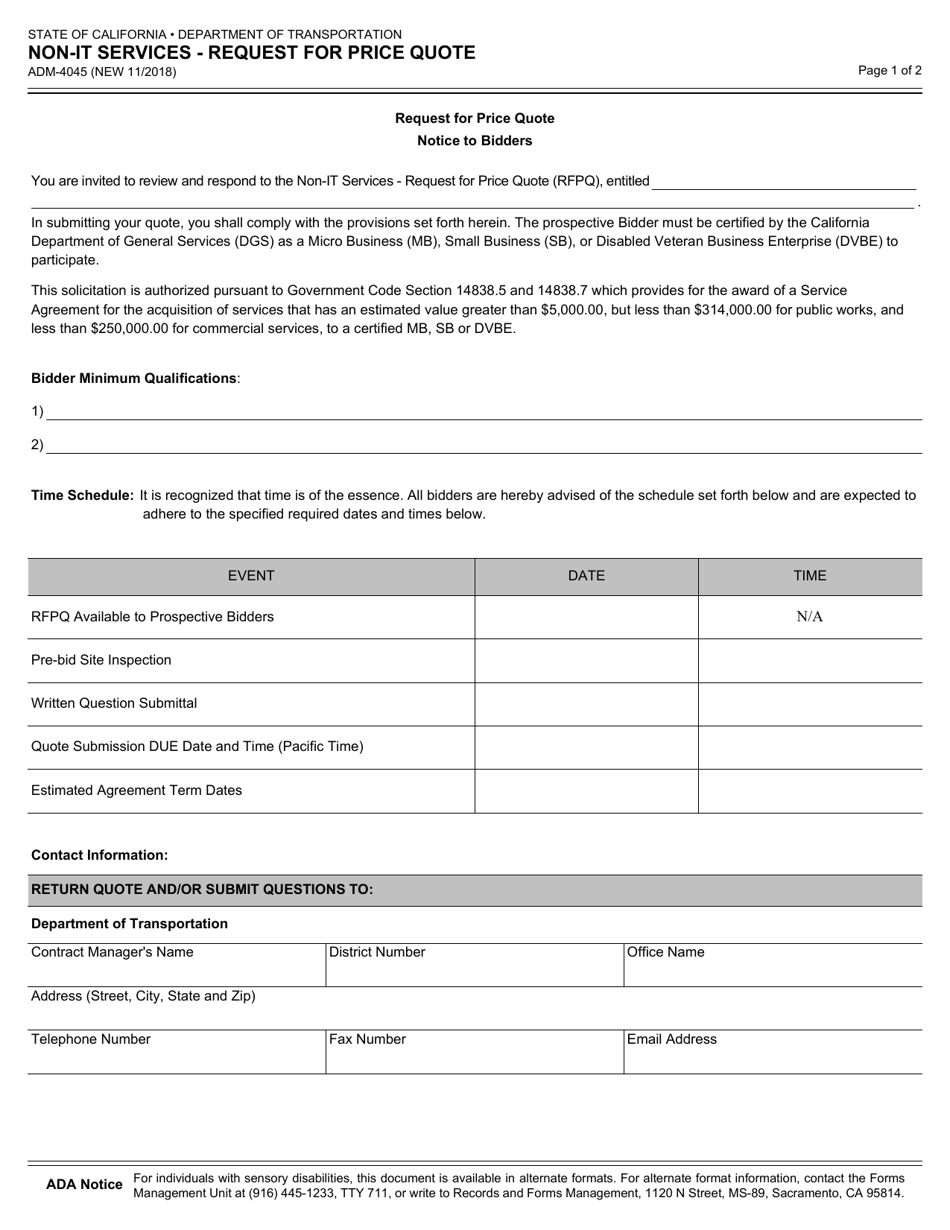 Form ADM-4045 Non-it Services - Request for Price Quote - California, Page 1