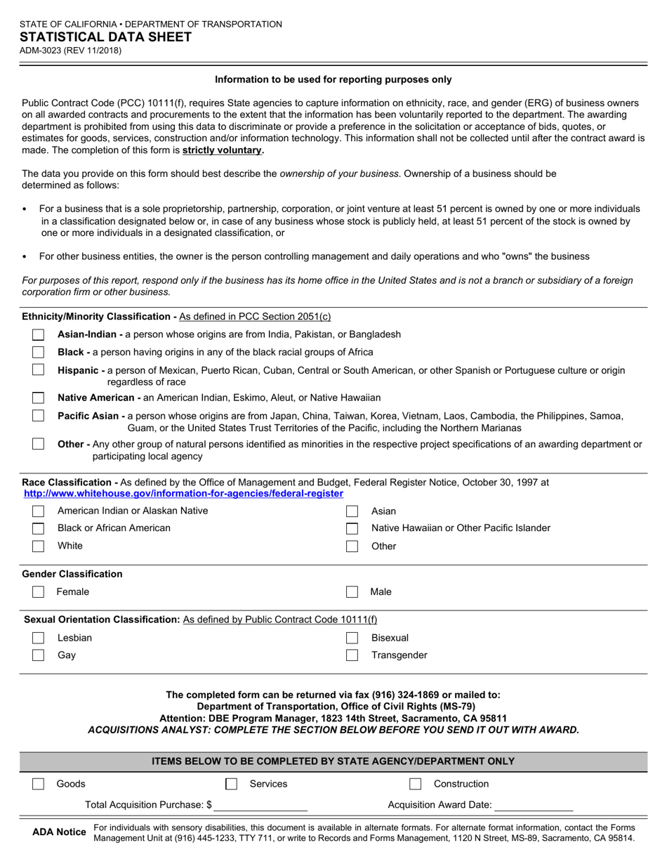 Form ADM-3023 Voluntary Statistical Data Sheet - California, Page 1