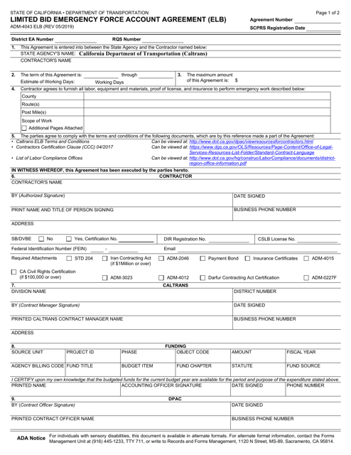 Form ADM-4043ELB Limited Bid Emergency Force Account Agreement (Elb) - California