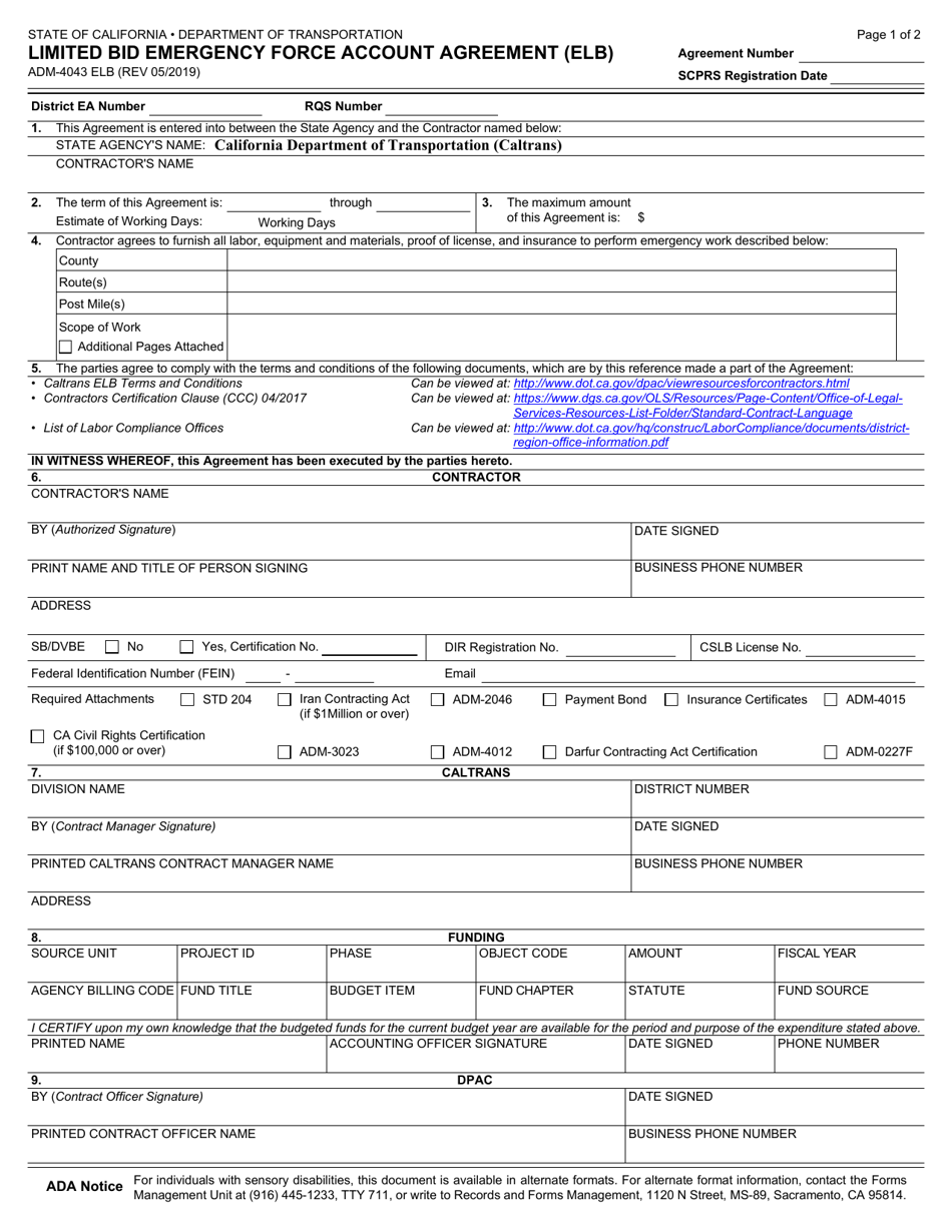 Form ADM-4043ELB Limited Bid Emergency Force Account Agreement (Elb) - California, Page 1