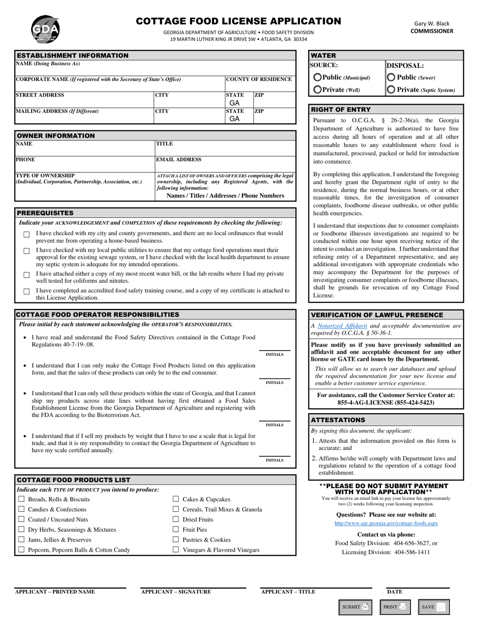 (United States) Cottage Food License Application Download