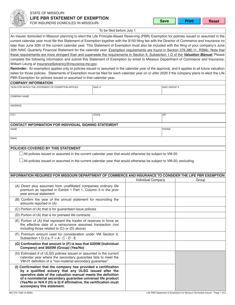 Form MO375-1083 Life Pbr Statement of Exemption for Insurers Domiciled in Missouri - Missouri, Page 1