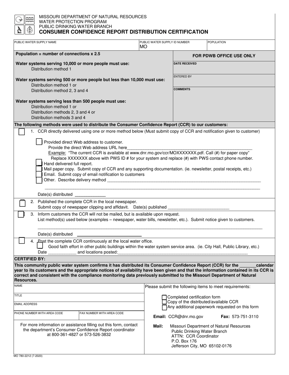 Form MO780-2212 Consumer Confidence Report Distribution Certification - Missouri, Page 1