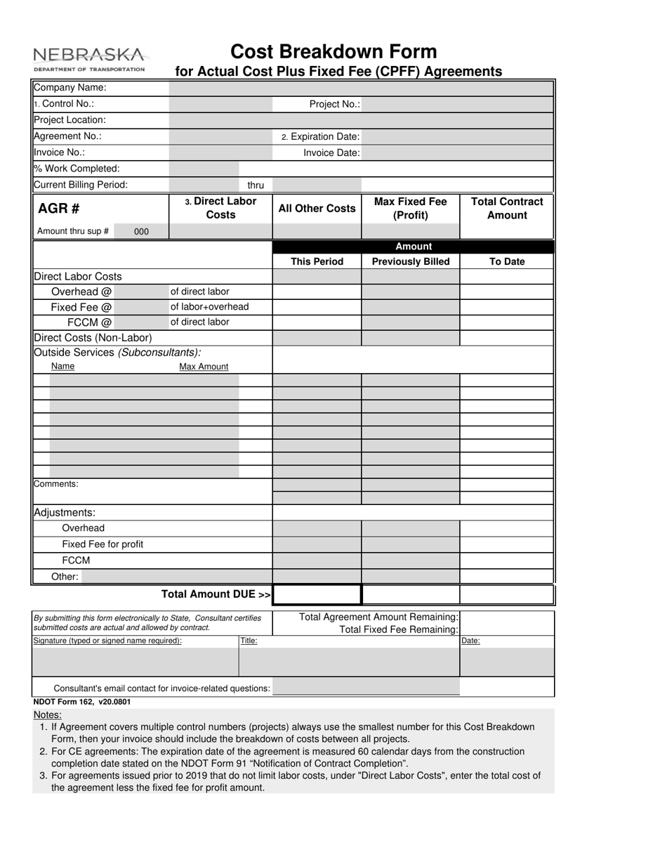 NDOT Form 162 Cost Breakdown Form for Actual Cost Plus Fixed Fee (Cpff) Agreements - Nebraska, Page 1