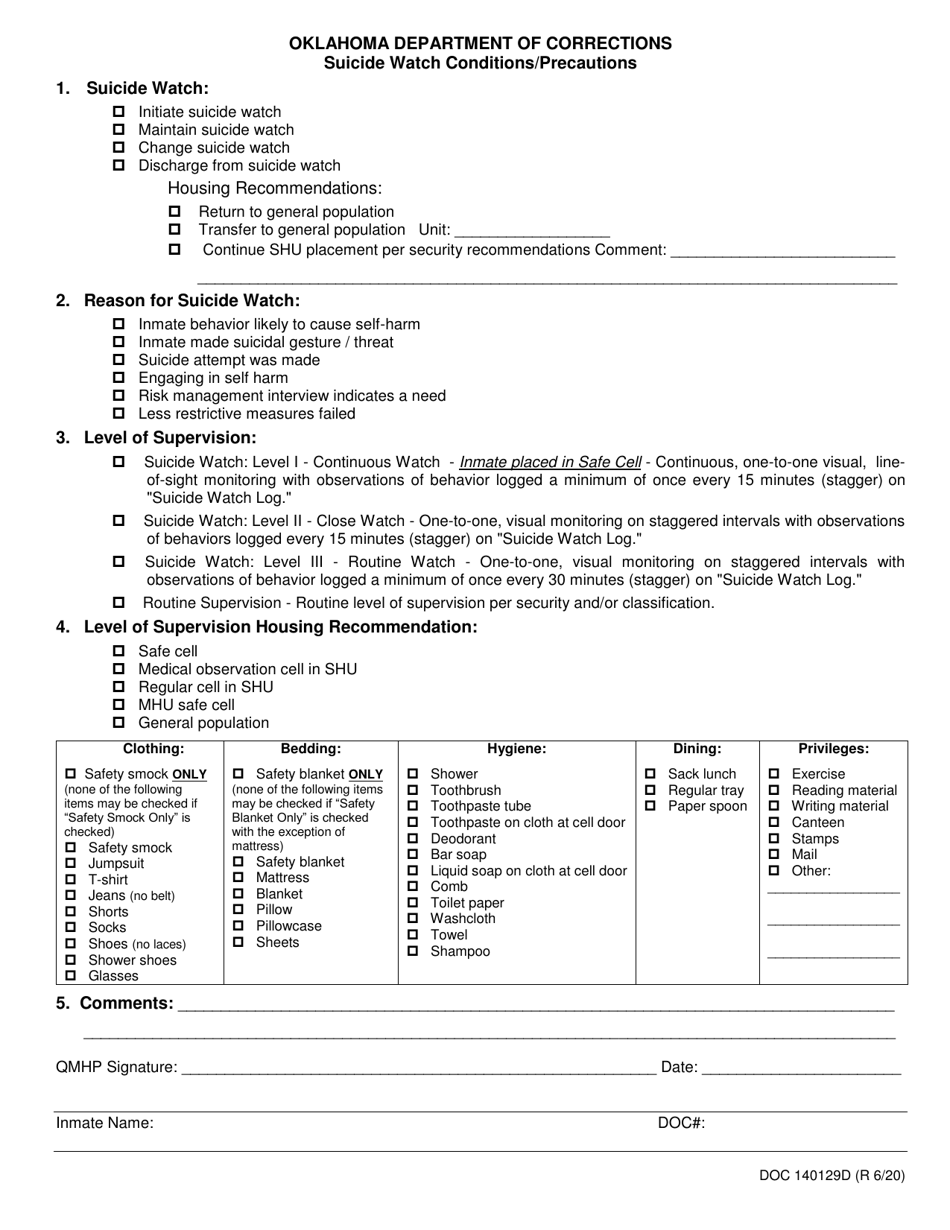 Form OP-140129D Suicide Watch Conditions / Precautions - Oklahoma, Page 1
