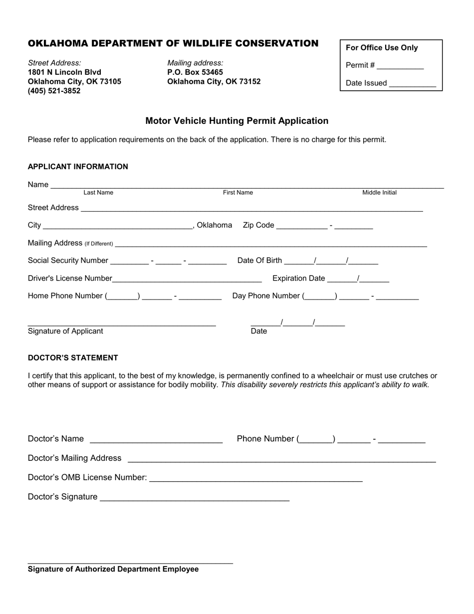 Motor Vehicle Hunting Permit Application - Oklahoma, Page 1