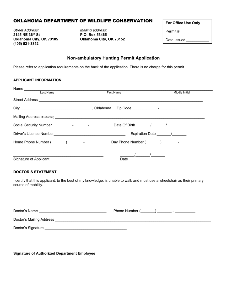 Non-ambulatory Hunting Permit Application - Oklahoma, Page 1