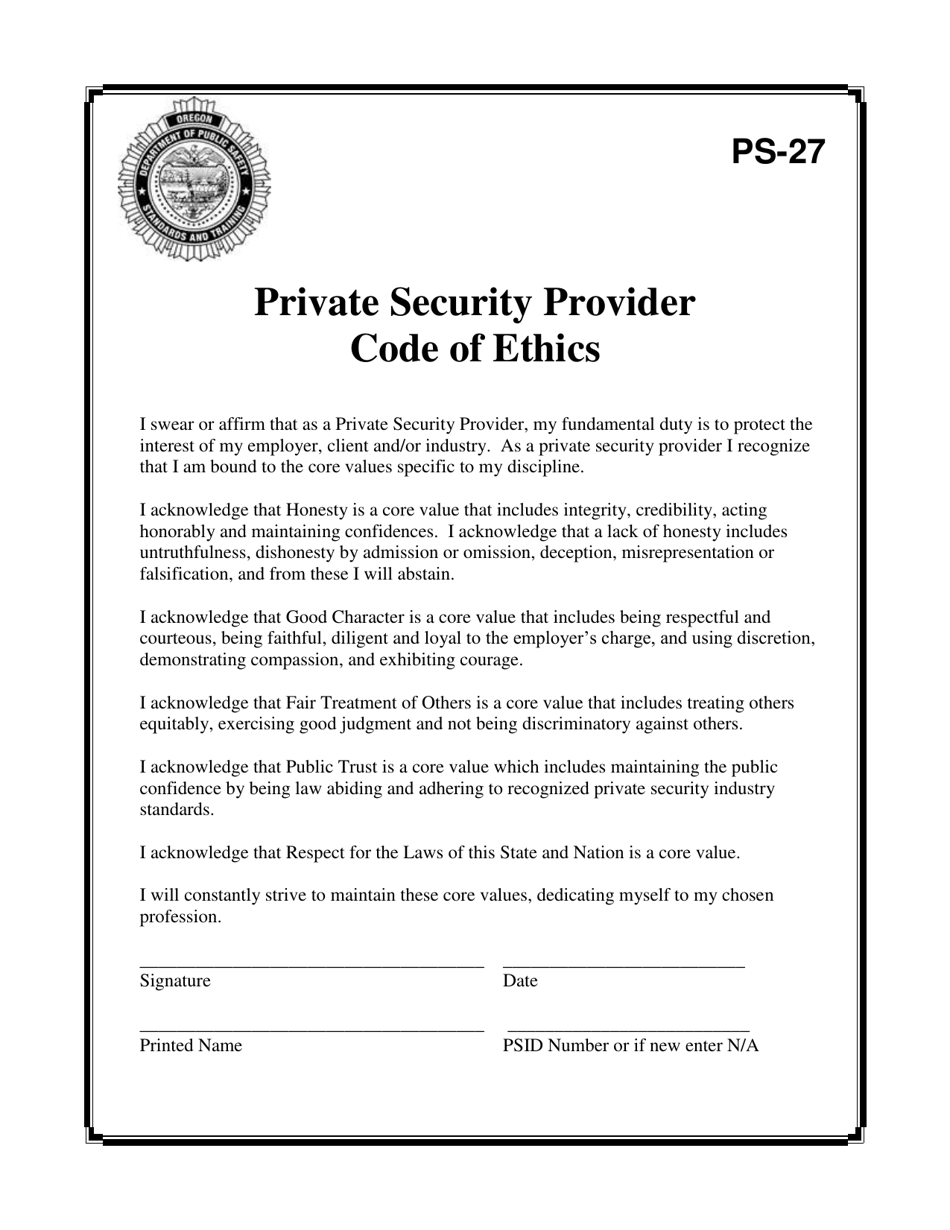 Form PS-27 Private Security Provider Code of Ethics - Oregon, Page 1