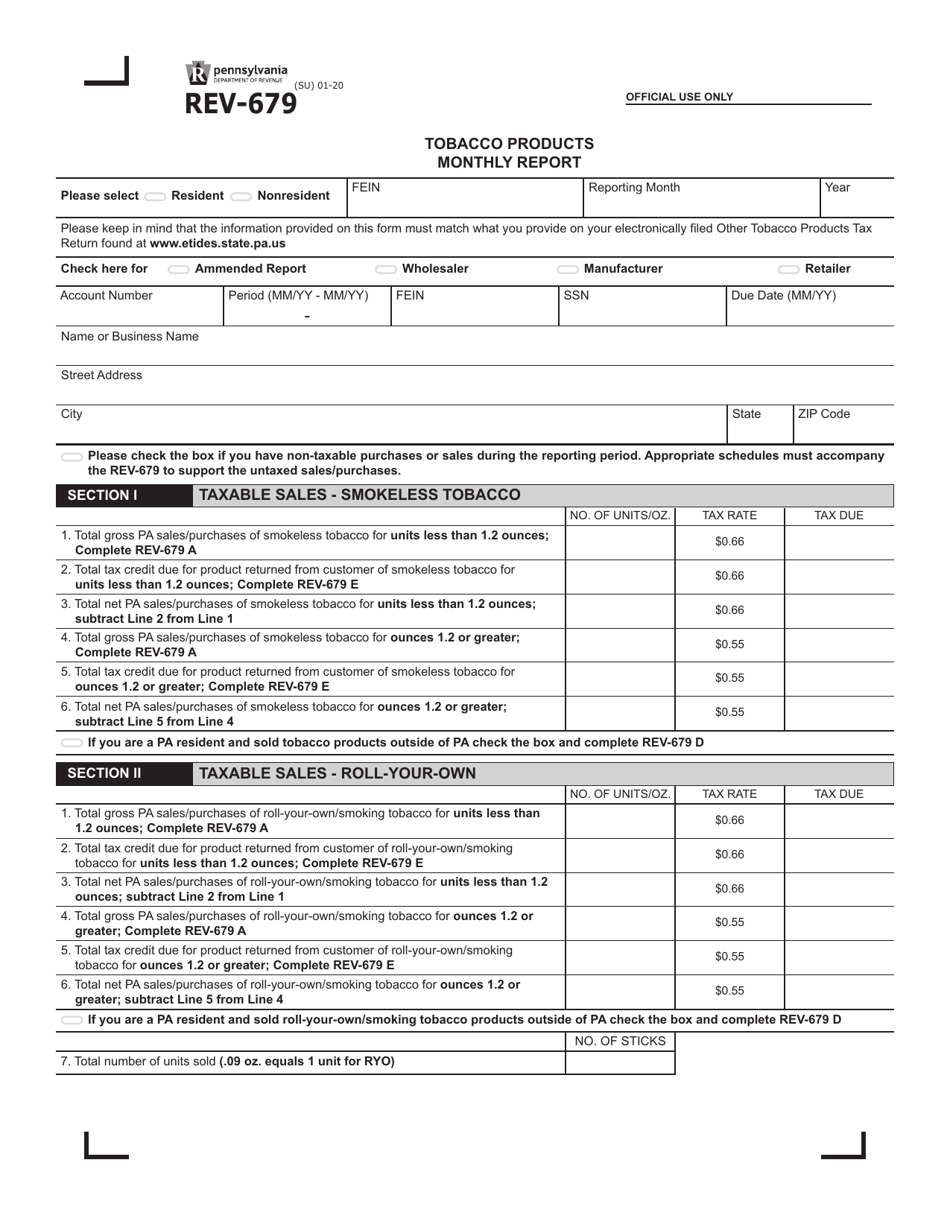 Form REV-679 Tobacco Products Monthly Report - Pennsylvania, Page 1