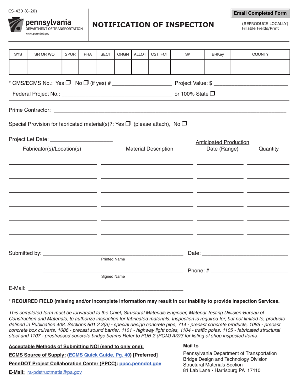 Form CS-430 Notification of Inspection - Pennsylvania, Page 1