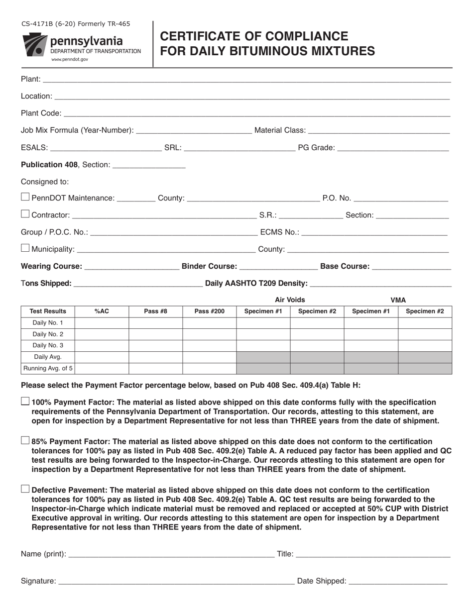 Form CS-4171B Certificate of Compliance for Daily Bituminous Mixtures - Pennsylvania, Page 1