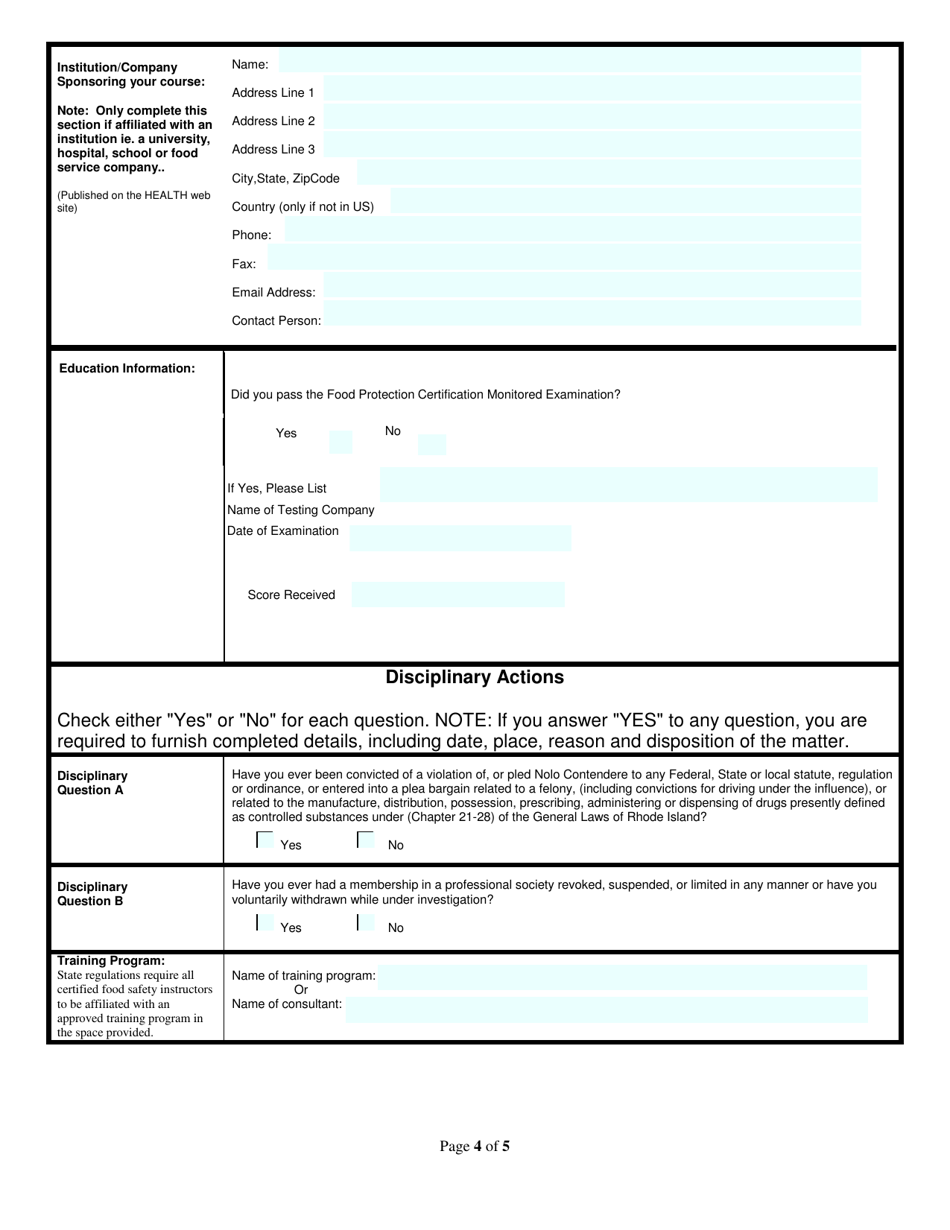 Application for Manager Certified in Food Safety Instructor - Rhode Island, Page 4