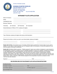 Document preview: Intransit Plate Application - Rhode Island