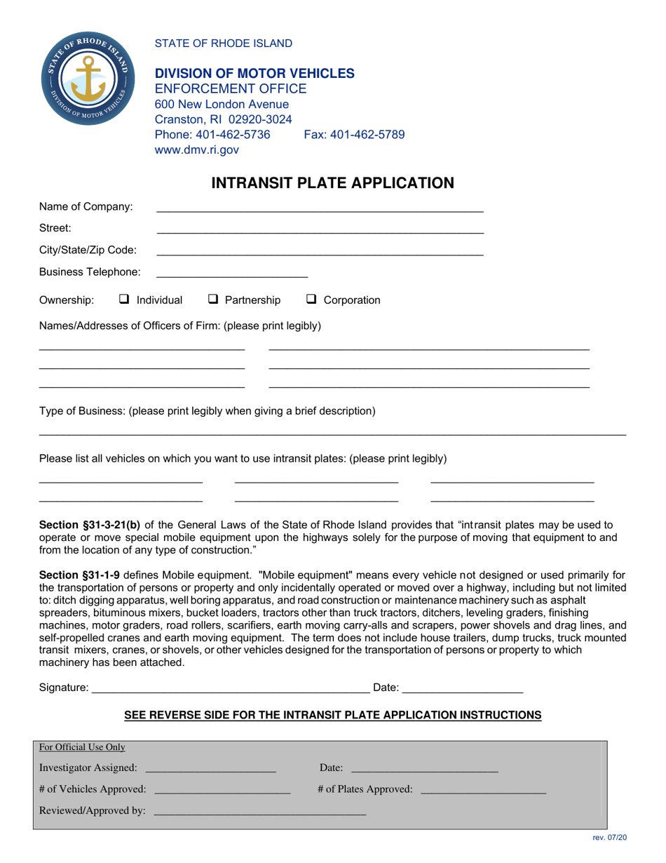 Intransit Plate Application - Rhode Island, Page 1