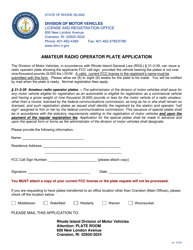Document preview: Amateur Radio Operator Plate Application - Rhode Island