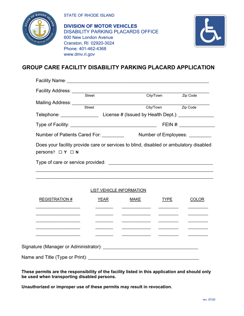 Group Care Facility Disability Parking Placard Application - Rhode Island, Page 1