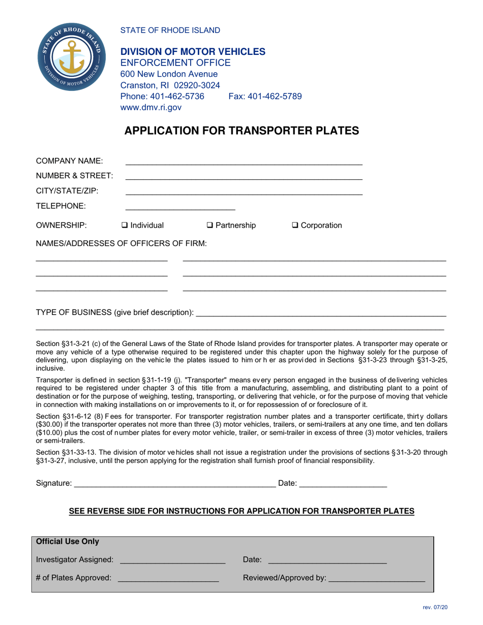Rhode Island Application for Transporter Plates Download Fillable PDF