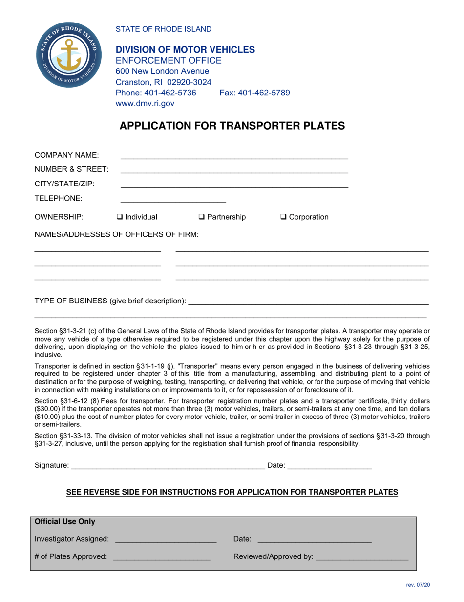 Application for Transporter Plates - Rhode Island, Page 1