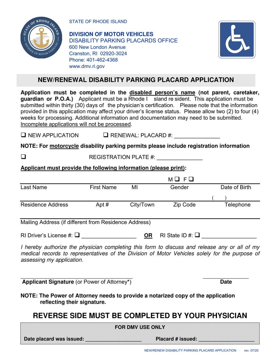 New / Renewal Disability Parking Placard Application - Rhode Island, Page 1