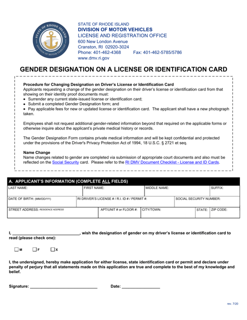 Gender Designation on a License or Identification Card - Rhode Island Download Pdf