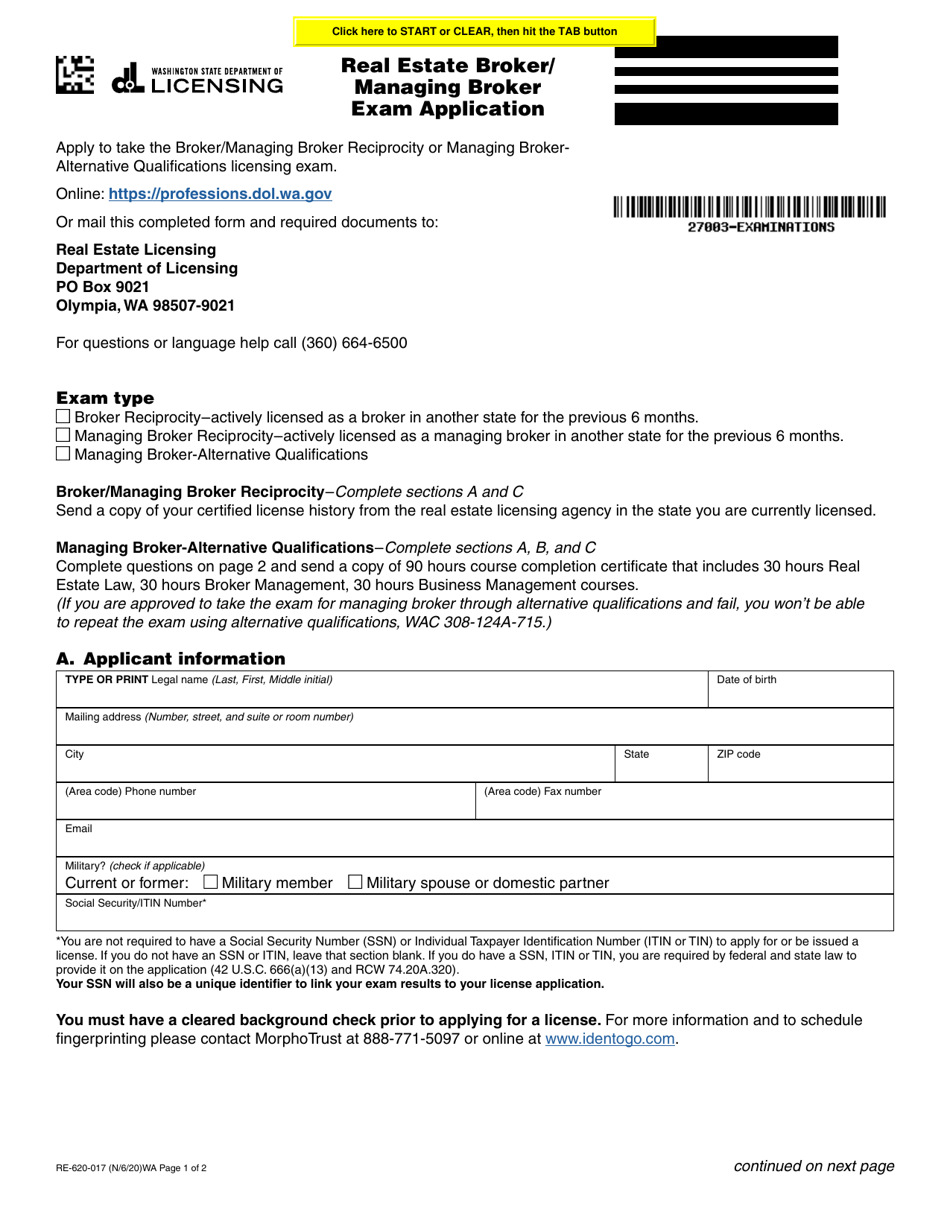 Form RE-620-017 Real Estate Broker / Managing Broker Exam Application - Washington, Page 1