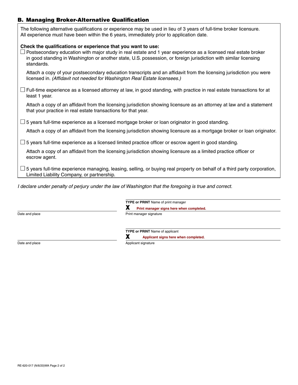 Form RE-620-017 Real Estate Broker / Managing Broker Exam Application - Washington, Page 2