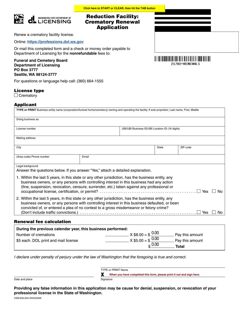 Form CEM-650-020 Reduction Facility: Crematory Renewal Application - Washington, Page 1