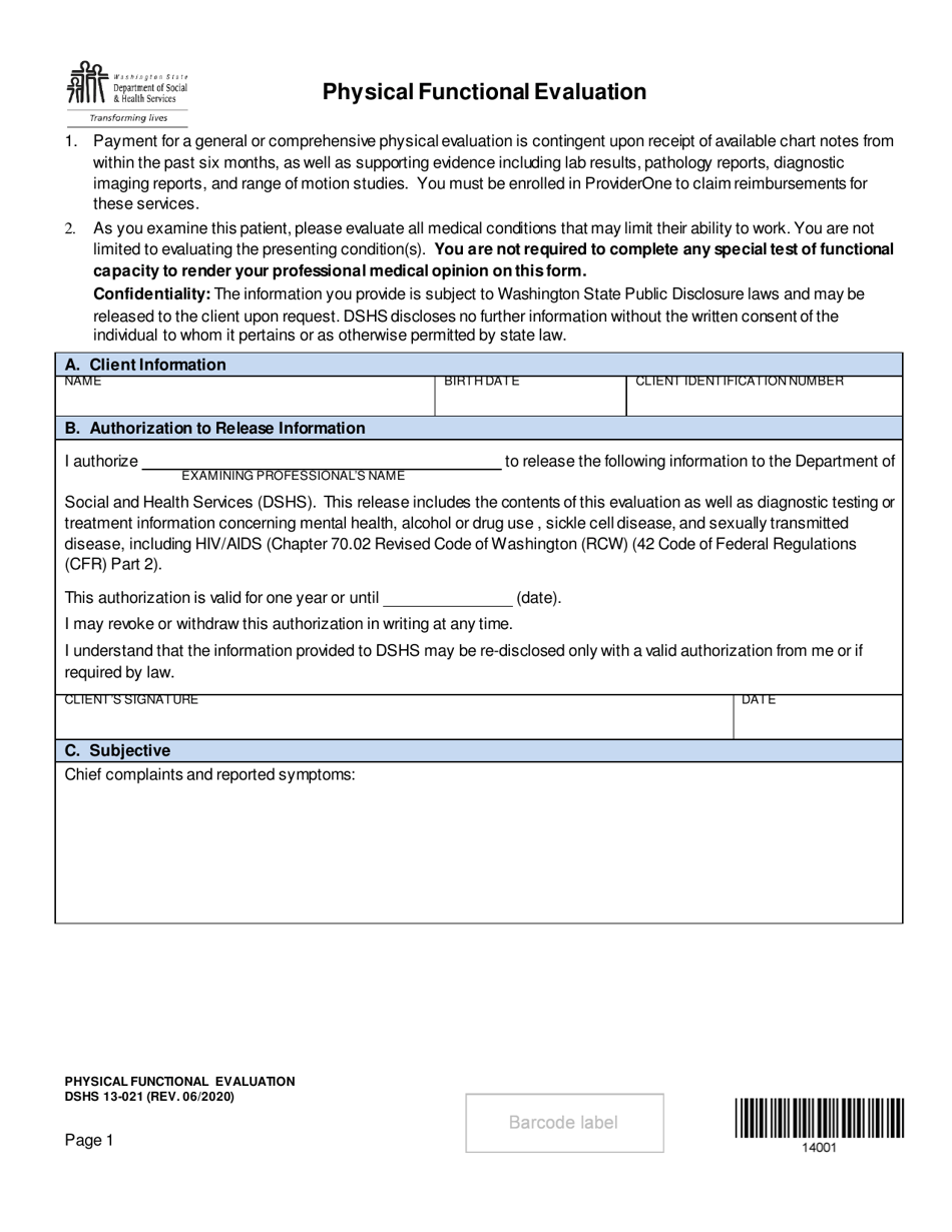 DSHS Form 13-021 Physical Functional Evaluation - Washington, Page 1