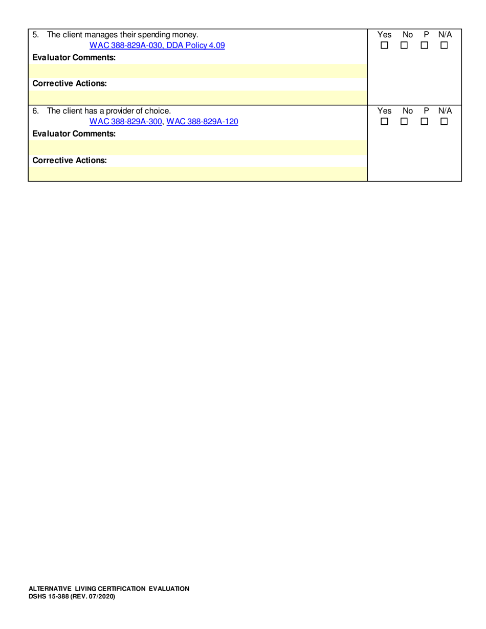 DSHS Form 15-388 Alternative Living Certification Evaluation - Washington, Page 10