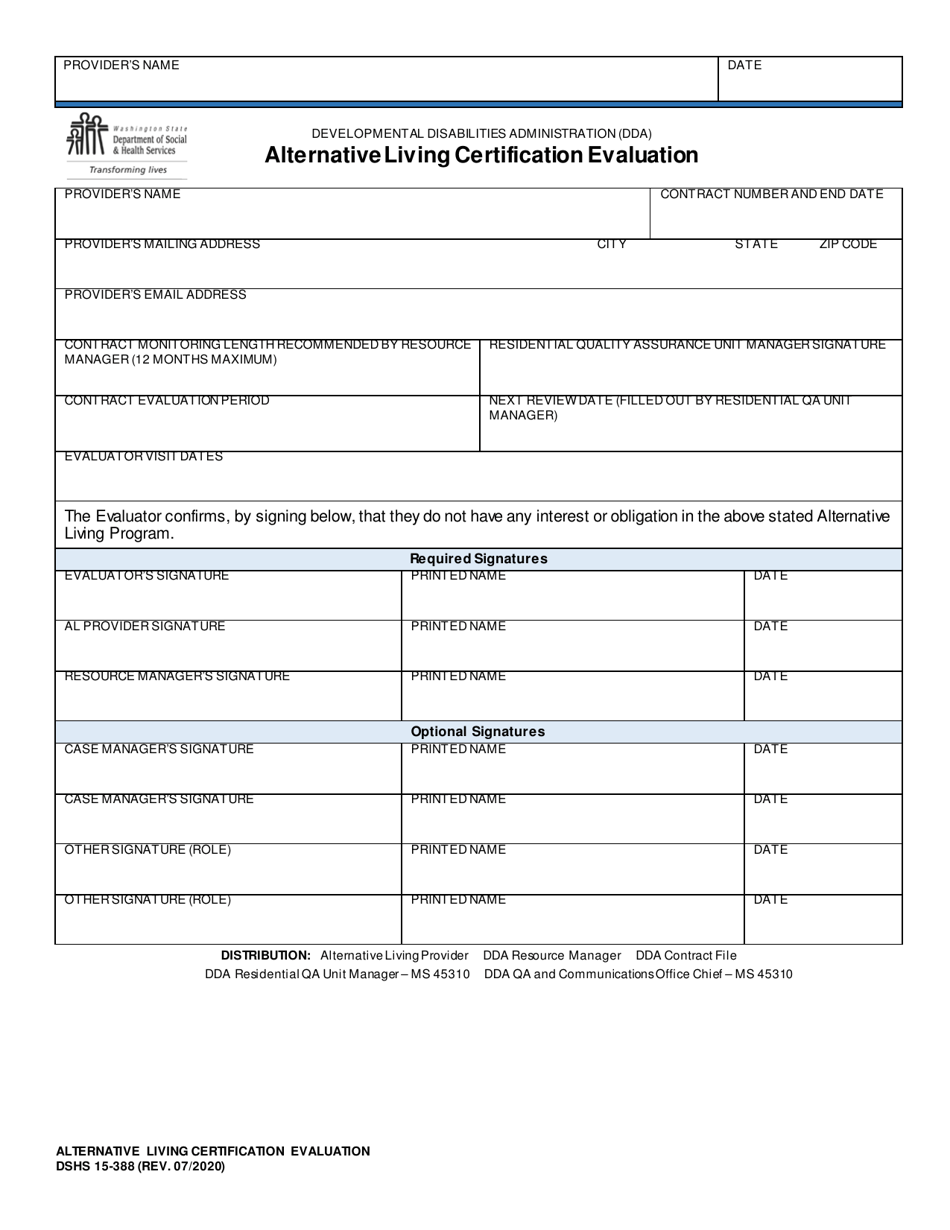 DSHS Form 15-388 Alternative Living Certification Evaluation - Washington, Page 1