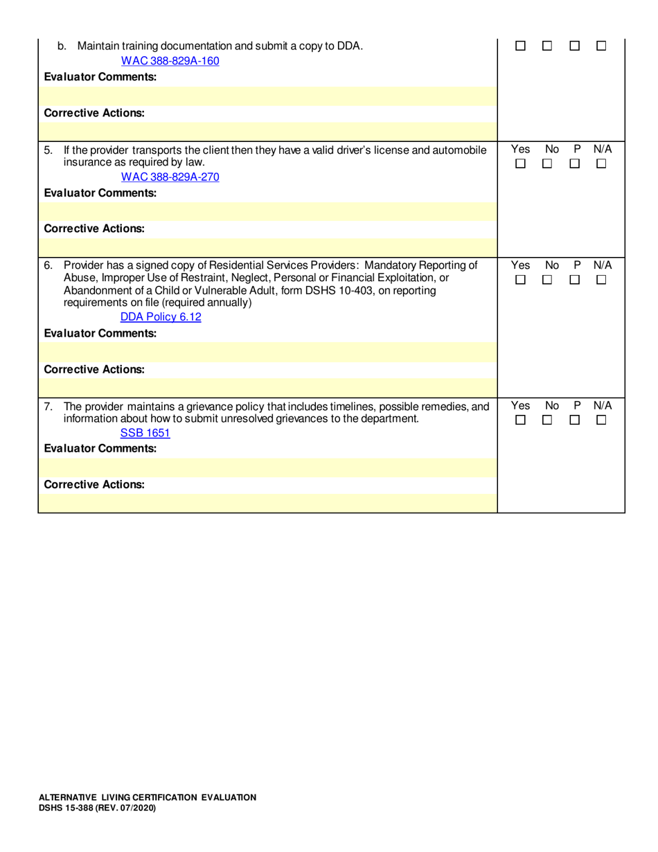 DSHS Form 15-388 Alternative Living Certification Evaluation - Washington, Page 3