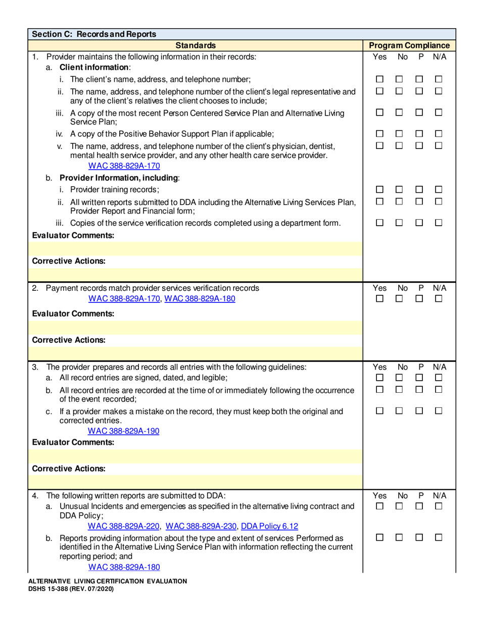 DSHS Form 15-388 Alternative Living Certification Evaluation - Washington, Page 6