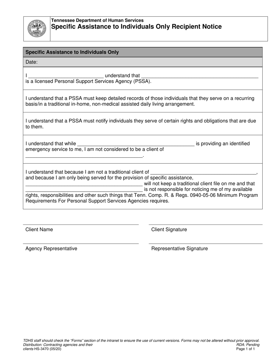 Form HS-3470 Specific Assistance to Individuals Only Recipient Notice - Tennessee, Page 1