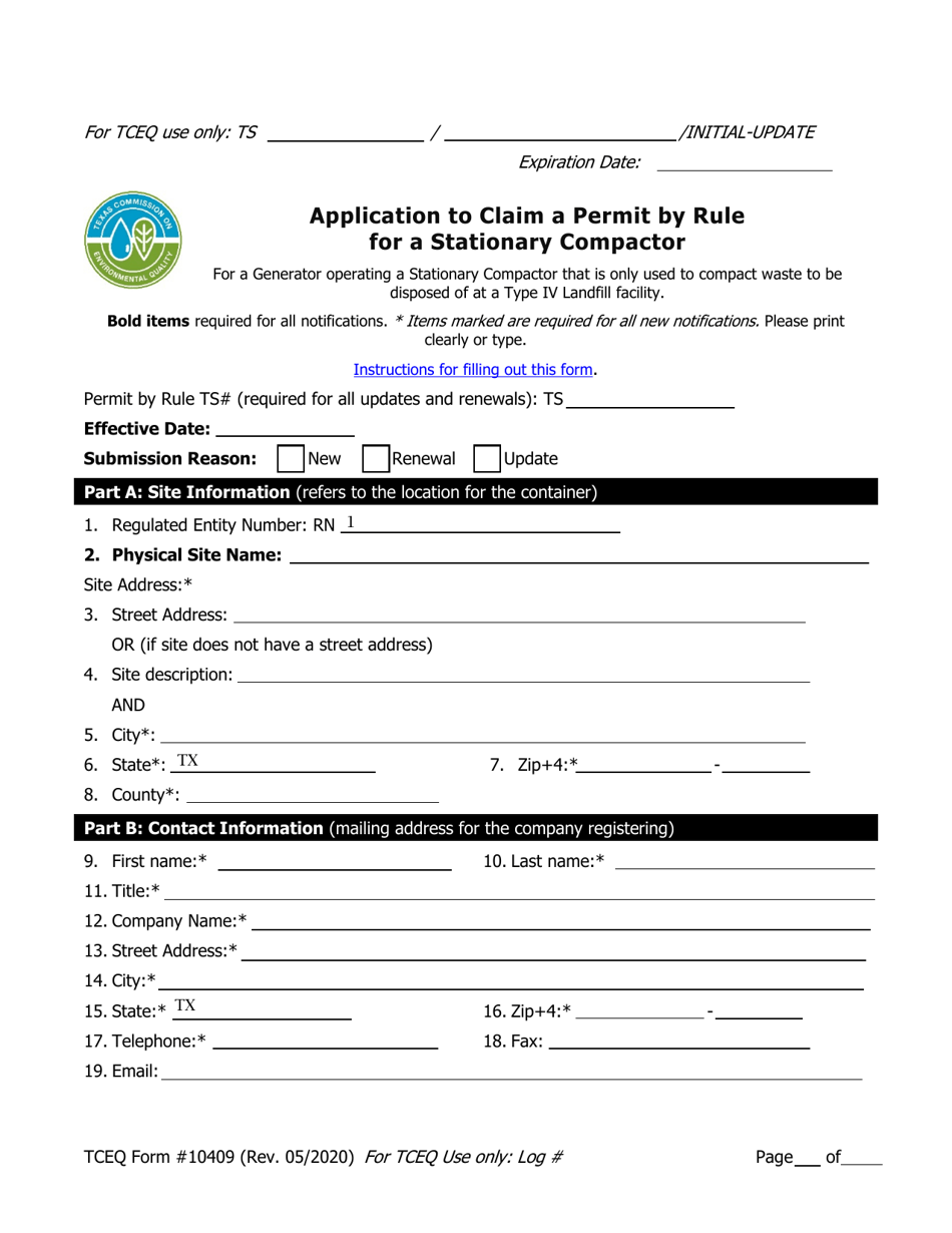 Form TCEQ-10409 Application to Claim a Permit by Rule for a Stationary Compactor - Texas, Page 1