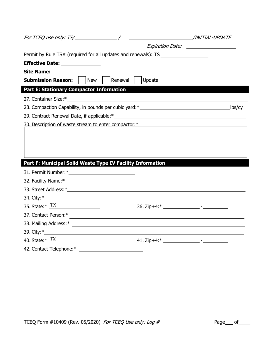 Form TCEQ-10409 Application to Claim a Permit by Rule for a Stationary Compactor - Texas, Page 3