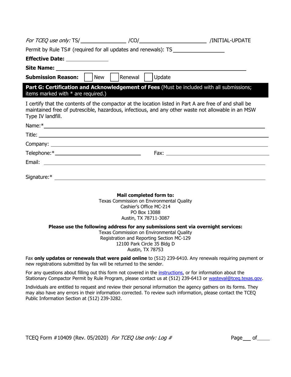 Form TCEQ-10409 Application to Claim a Permit by Rule for a Stationary Compactor - Texas, Page 4