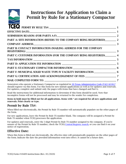 Instructions for Form TCEQ-10409 Application to Claim a Permit by Rule for a Stationary Compactor - Texas