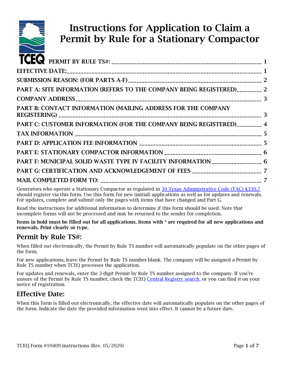 Instructions for Form TCEQ-10409 Application to Claim a Permit by Rule for a Stationary Compactor - Texas, Page 1