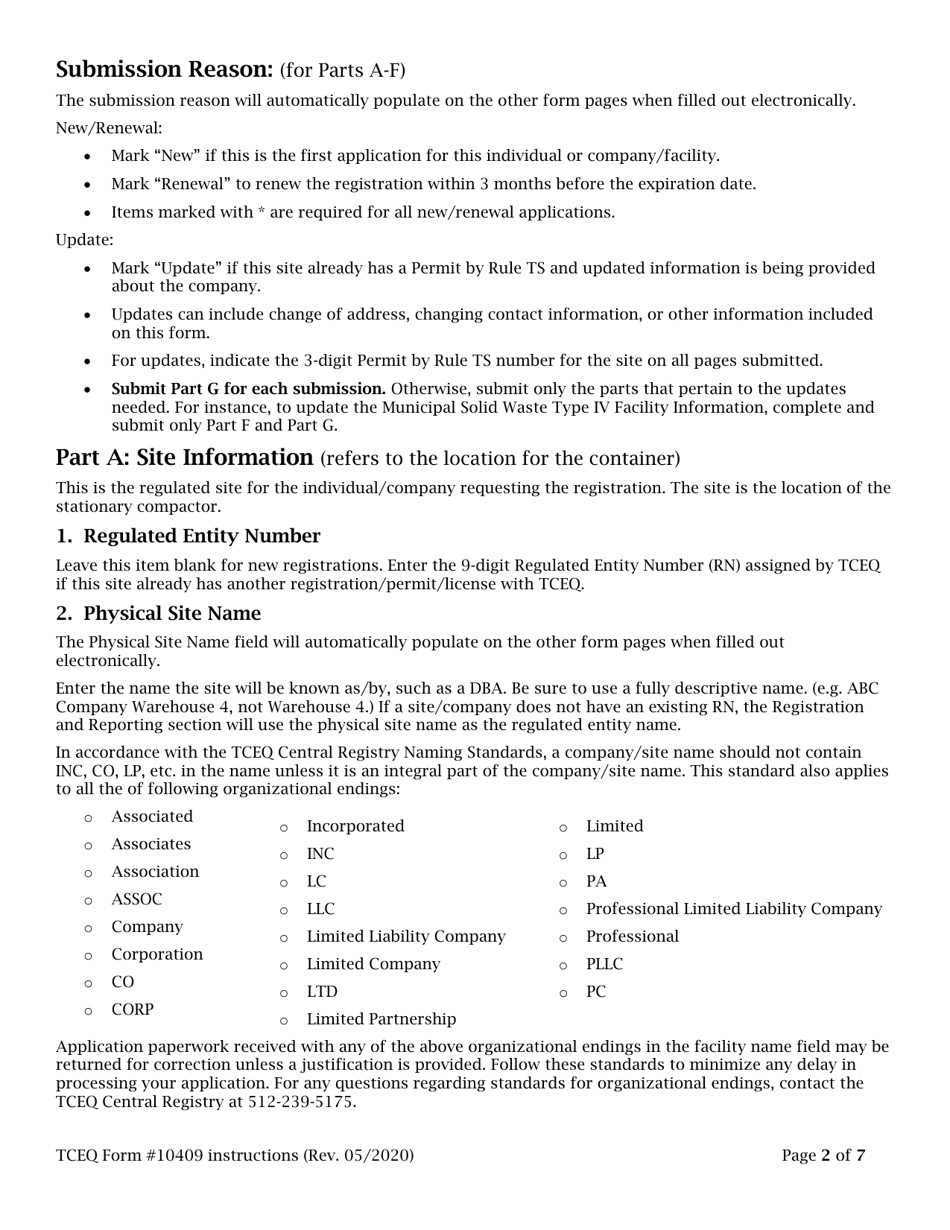 Instructions for Form TCEQ-10409 Application to Claim a Permit by Rule for a Stationary Compactor - Texas, Page 2